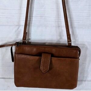 Brown Faux Leather Crossbody Bag Small Front Pocket Zip Closure
